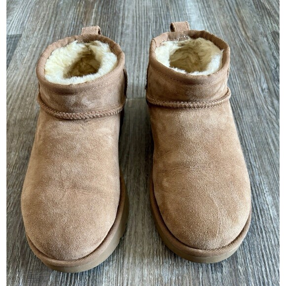 UGG Classic Ultra Mini Chestnut Fall Winter Suede Boots Booties Womens Size 6 - Picture 2 of 6